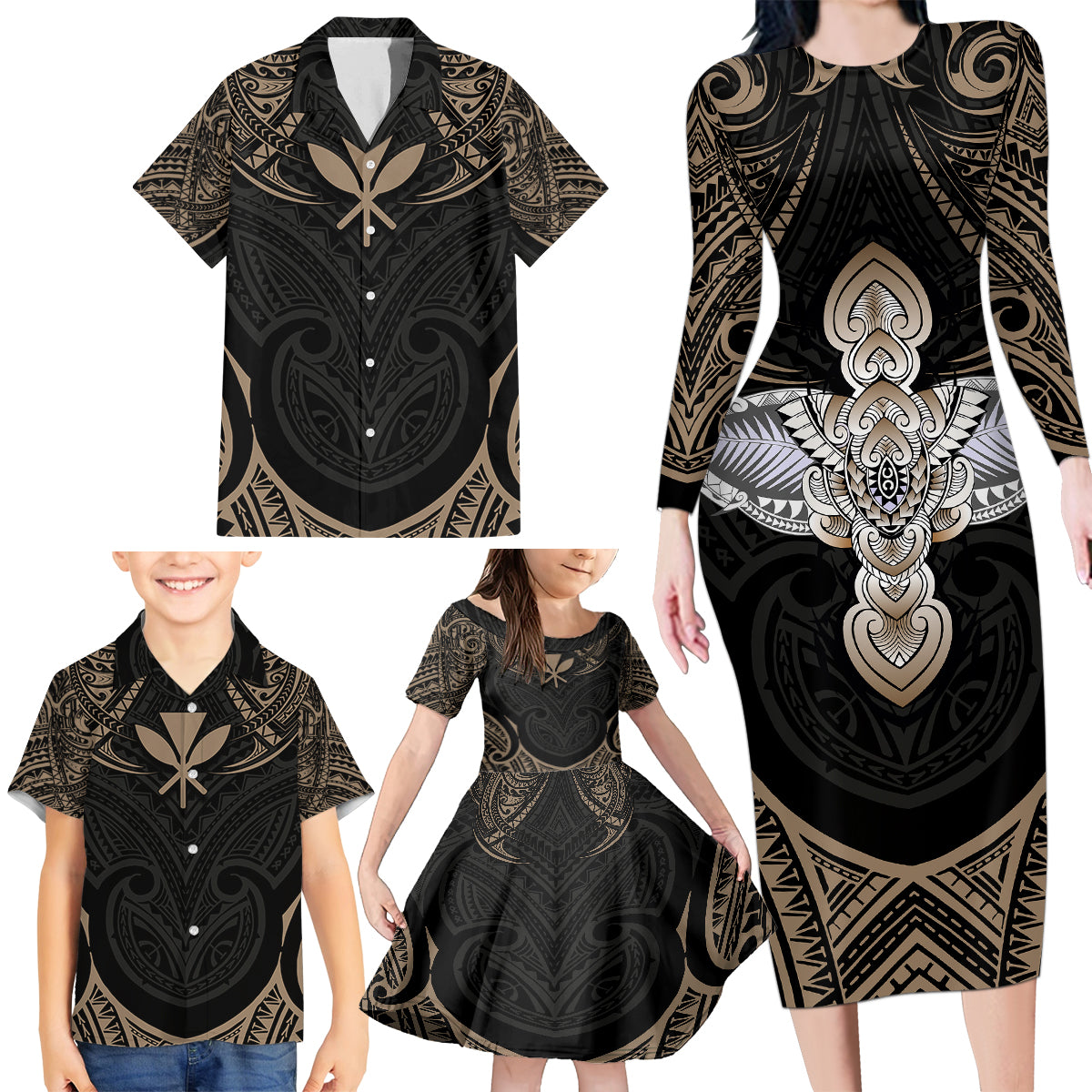 Polynesian Hawaii Tattoo Family Matching Long Sleeve Bodycon Dress and Hawaiian Shirt TS04 - Polynesian Pride