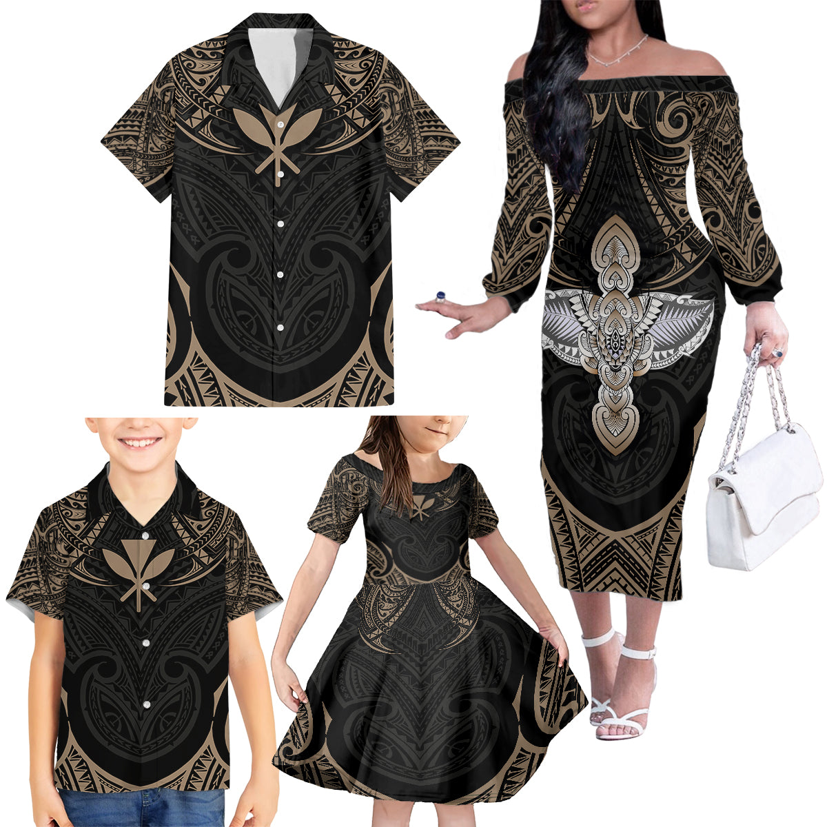 Polynesian Hawaii Tattoo Family Matching Off Shoulder Long Sleeve Dress and Hawaiian Shirt TS04 - Polynesian Pride