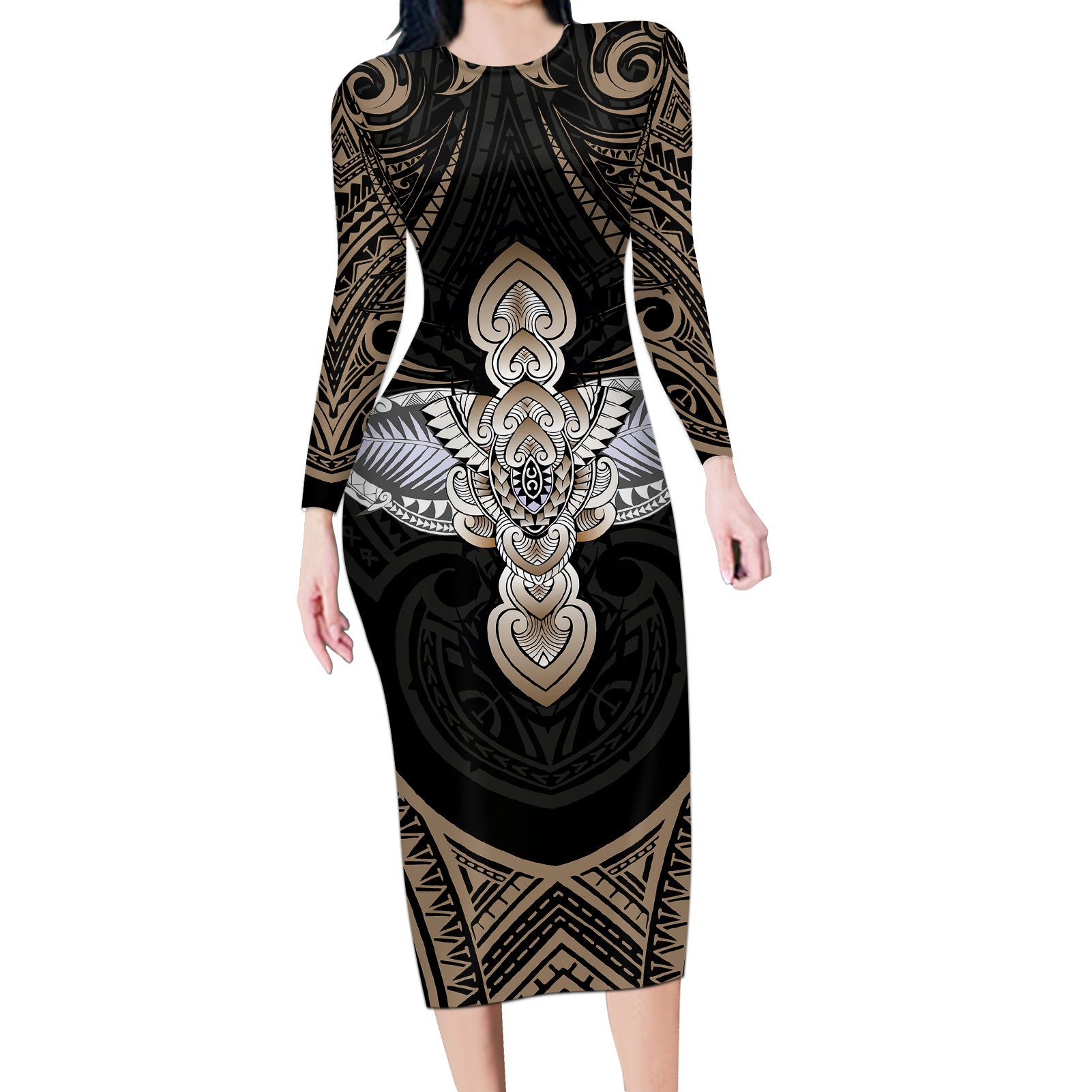 Polynesian Hawaii Tattoo Long Sleeve Bodycon Dress TS04 Long Dress Multicolor - Polynesian Pride