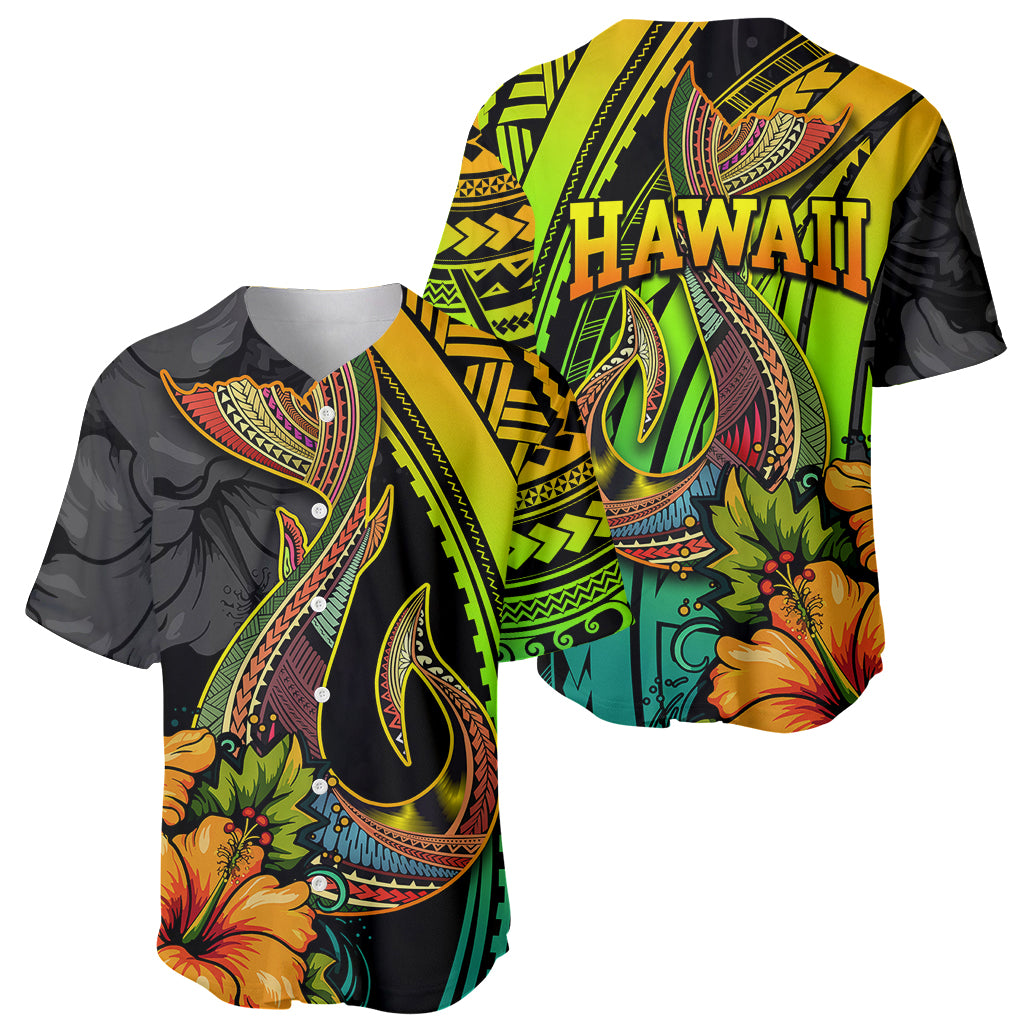 Hawaii Baseball Jersey Polynesian Fish Hook and Hibiscus Flowers with Gradient Pattern TS04 - Polynesian Pride