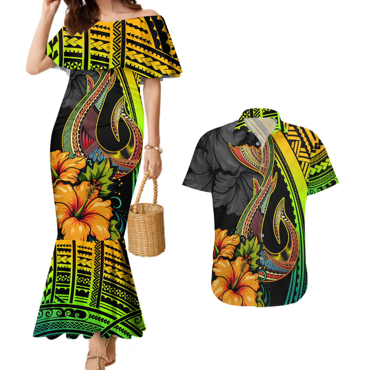 Hawaii Couples Matching Mermaid Dress and Hawaiian Shirt Polynesian Fish Hook and Hibiscus Flowers with Gradient Pattern TS04 Multicolor - Polynesian Pride