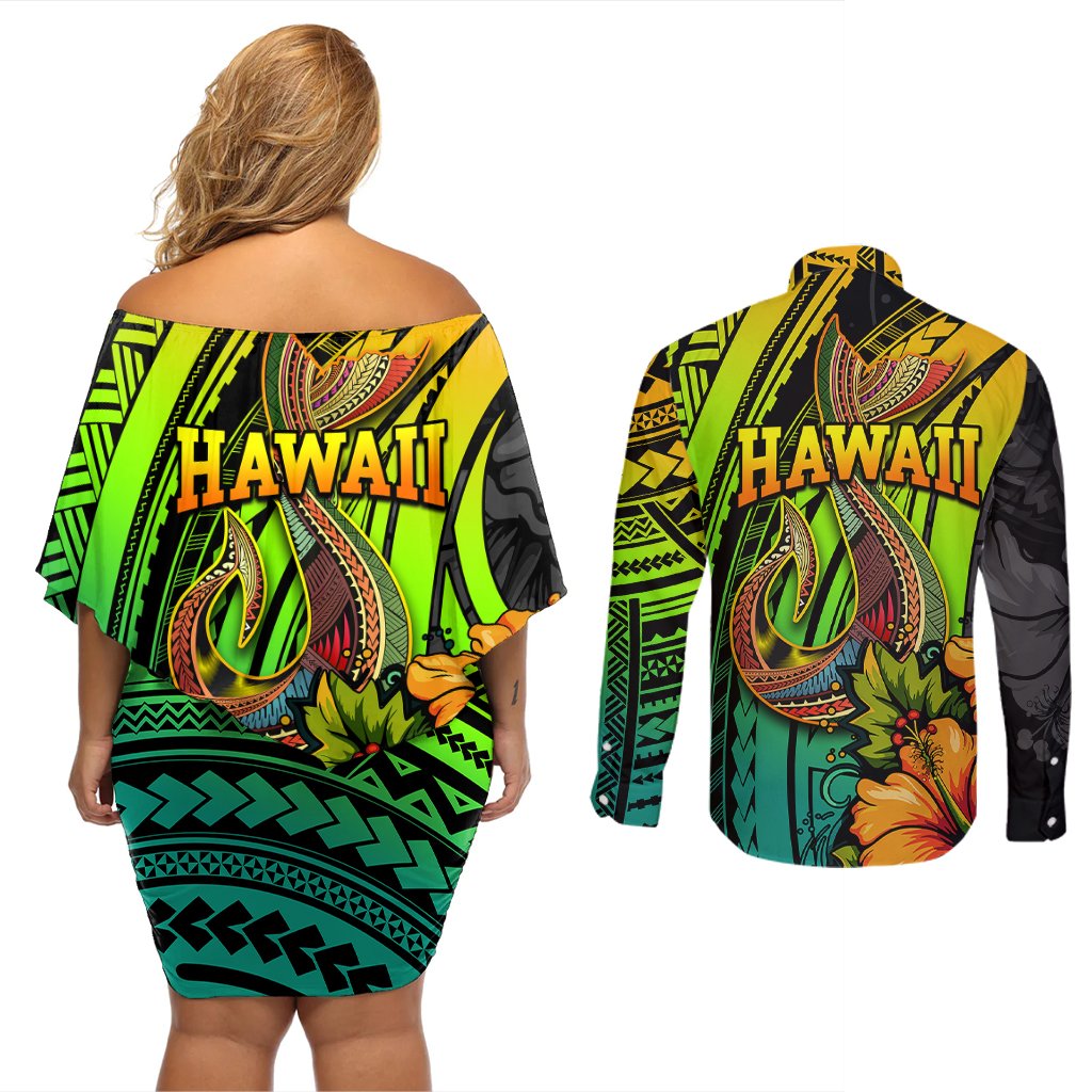 Hawaii Couples Matching Off Shoulder Short Dress and Long Sleeve Button Shirts Polynesian Fish Hook and Hibiscus Flowers with Gradient Pattern TS04 - Polynesian Pride