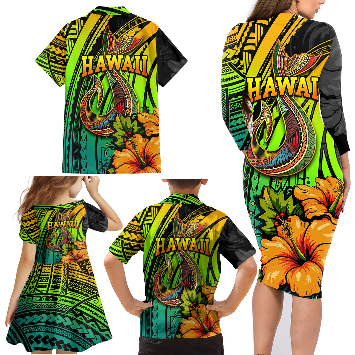 Hawaii Family Matching Long Sleeve Bodycon Dress and Hawaiian Shirt Polynesian Fish Hook and Hibiscus Flowers with Gradient Pattern TS04 - Polynesian Pride