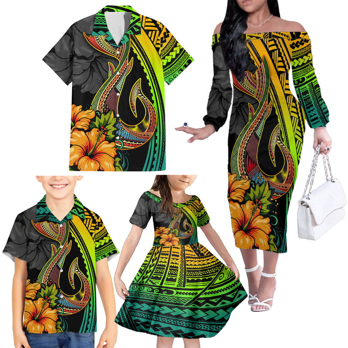 Hawaii Family Matching Off Shoulder Long Sleeve Dress and Hawaiian Shirt Polynesian Fish Hook and Hibiscus Flowers with Gradient Pattern TS04 - Polynesian Pride