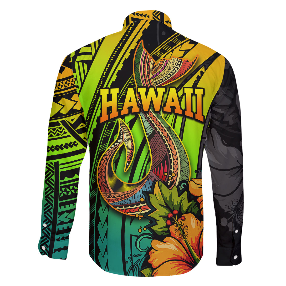 Hawaii Family Matching Off Shoulder Long Sleeve Dress and Hawaiian Shirt Polynesian Fish Hook and Hibiscus Flowers with Gradient Pattern TS04 - Polynesian Pride