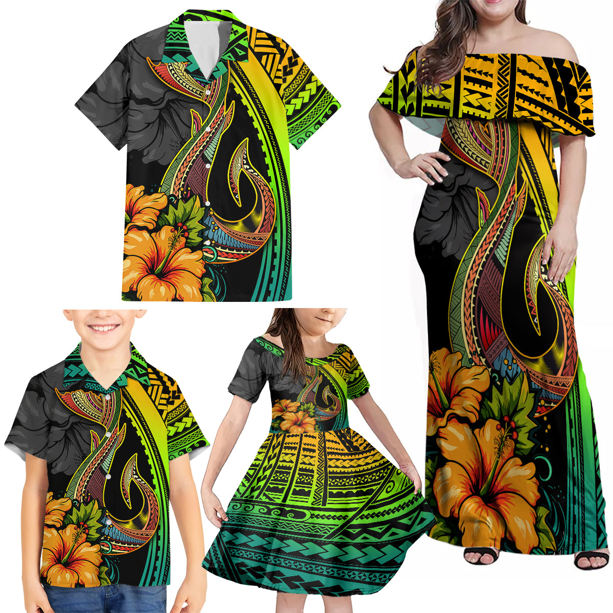 Hawaii Family Matching Off Shoulder Maxi Dress and Hawaiian Shirt Polynesian Fish Hook and Hibiscus Flowers with Gradient Pattern TS04 - Polynesian Pride