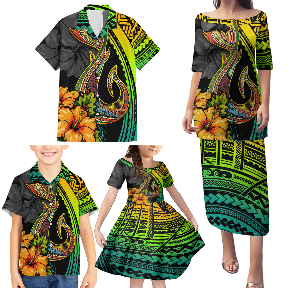 Hawaii Family Matching Puletasi Dress and Hawaiian Shirt Polynesian Fish Hook and Hibiscus Flowers with Gradient Pattern TS04 - Polynesian Pride