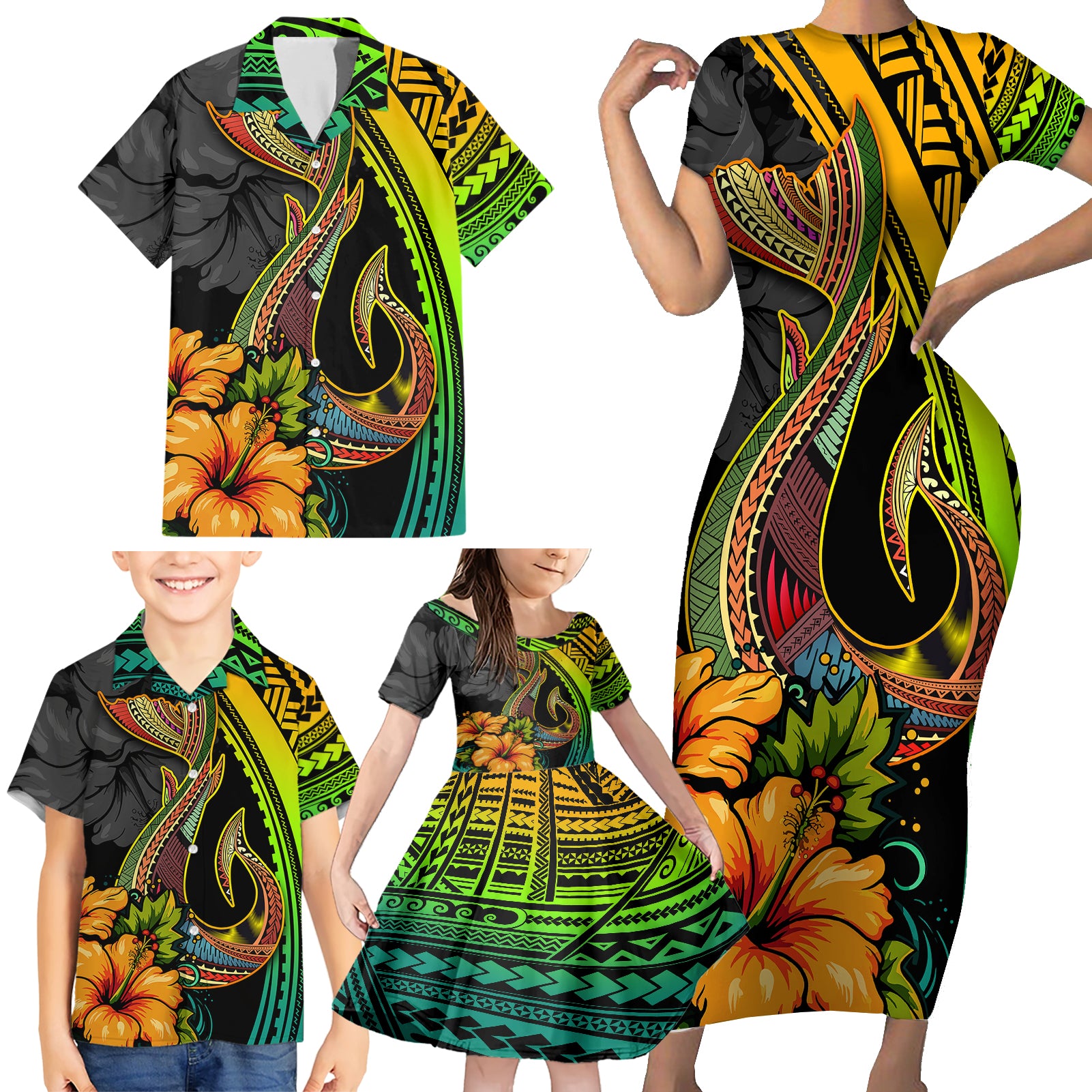 Hawaii Family Matching Short Sleeve Bodycon Dress and Hawaiian Shirt Polynesian Fish Hook and Hibiscus Flowers with Gradient Pattern TS04 - Polynesian Pride