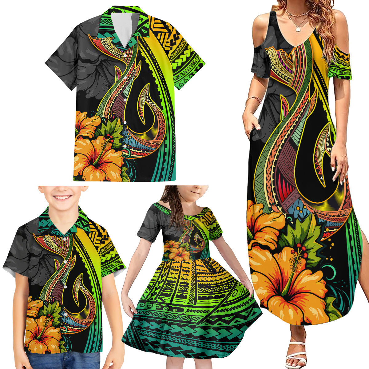 Hawaii Family Matching Summer Maxi Dress and Hawaiian Shirt Polynesian Fish Hook and Hibiscus Flowers with Gradient Pattern TS04 - Polynesian Pride