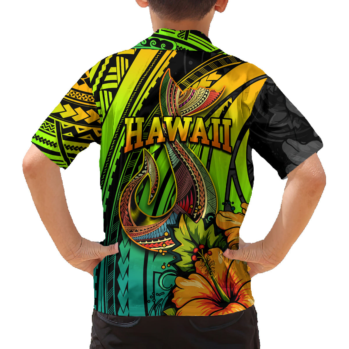Hawaii Family Matching Tank Maxi Dress and Hawaiian Shirt Polynesian Fish Hook and Hibiscus Flowers with Gradient Pattern TS04 - Polynesian Pride