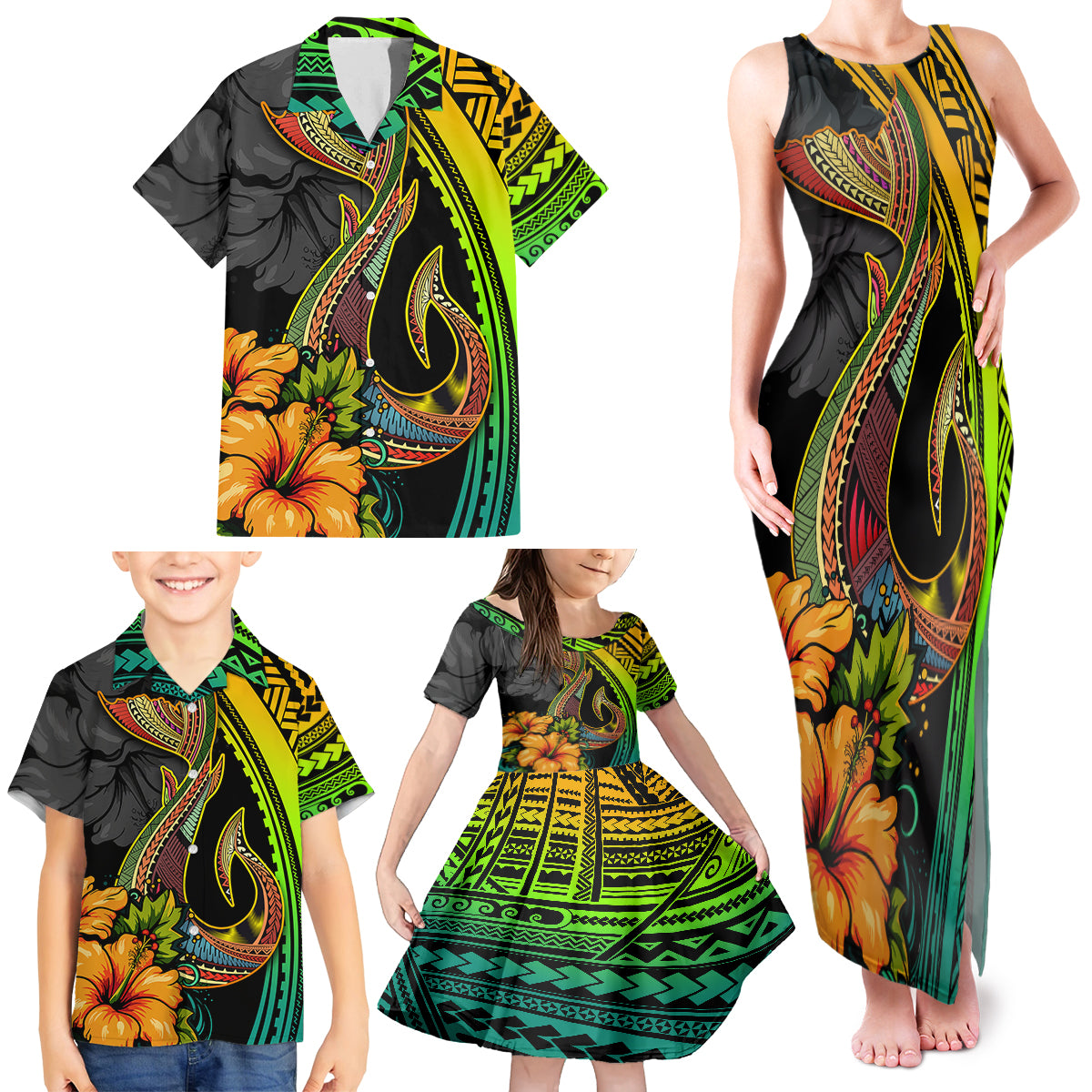 Hawaii Family Matching Tank Maxi Dress and Hawaiian Shirt Polynesian Fish Hook and Hibiscus Flowers with Gradient Pattern TS04 - Polynesian Pride