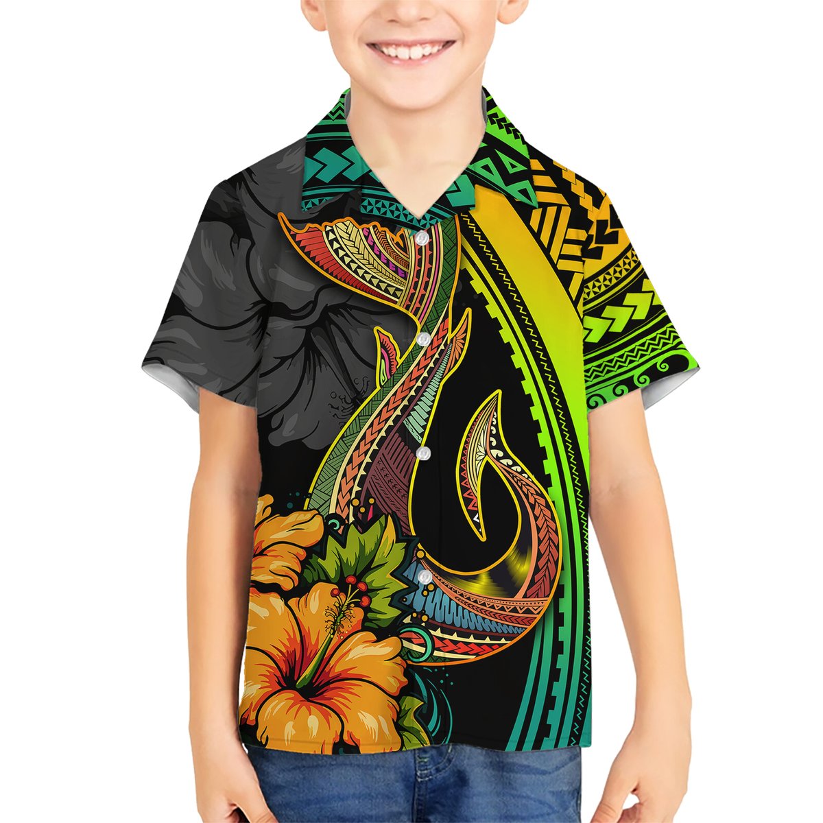 Hawaii Hawaiian Shirt Polynesian Fish Hook and Hibiscus Flowers with Gradient Pattern TS04 - Polynesian Pride