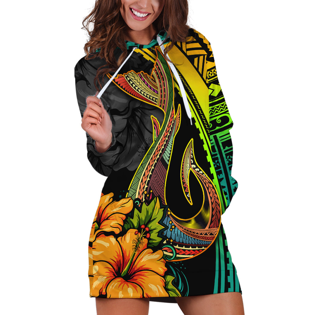 Hawaii Hoodie Dress Polynesian Fish Hook and Hibiscus Flowers with Gradient Pattern TS04 Multicolor - Polynesian Pride