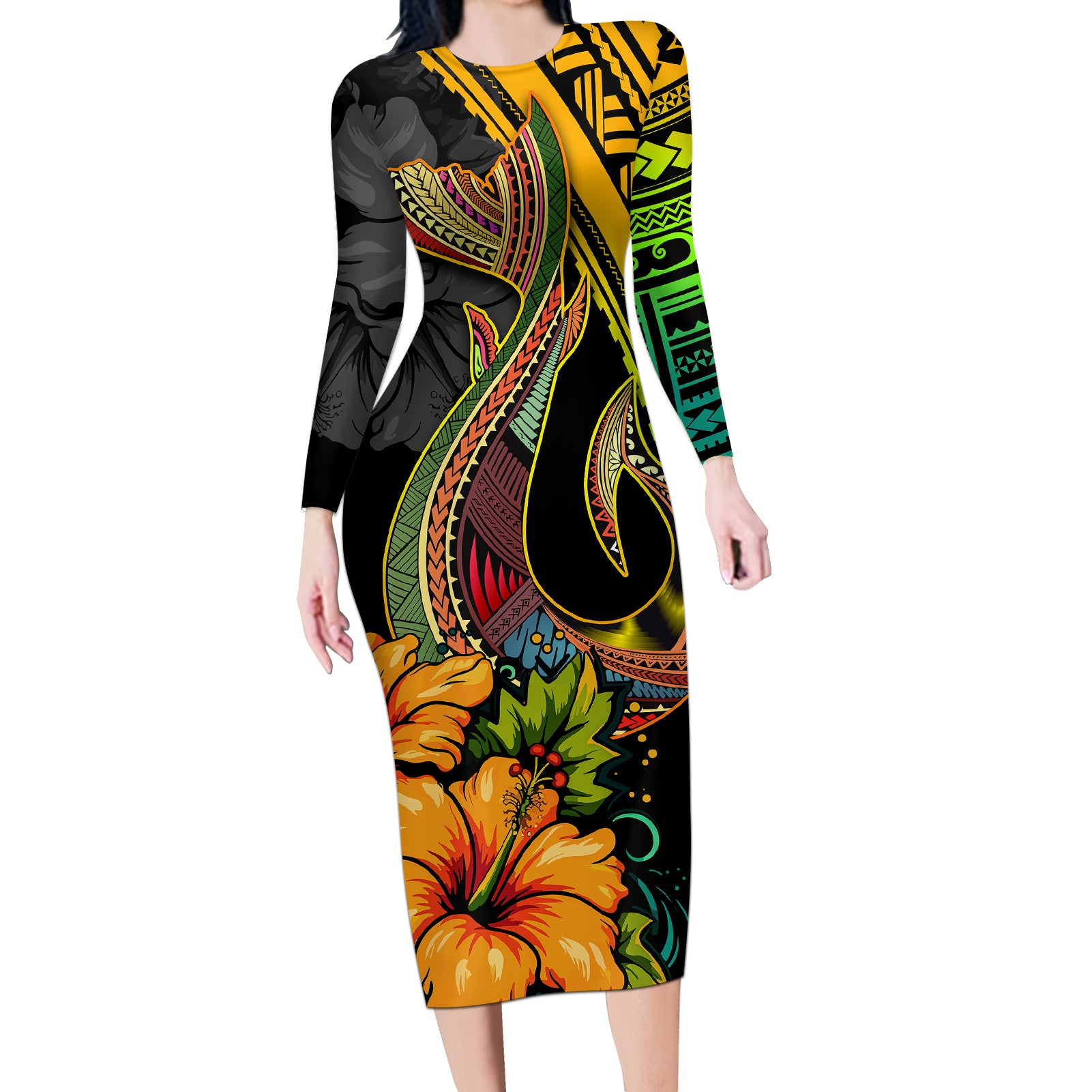 Hawaii Long Sleeve Bodycon Dress Polynesian Fish Hook and Hibiscus Flowers with Gradient Pattern TS04 Long Dress Multicolor - Polynesian Pride