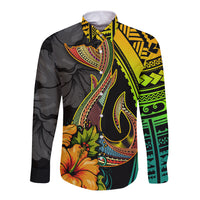 Hawaii Long Sleeve Button Shirt Polynesian Fish Hook and Hibiscus Flowers with Gradient Pattern TS04 Unisex Multicolor - Polynesian Pride