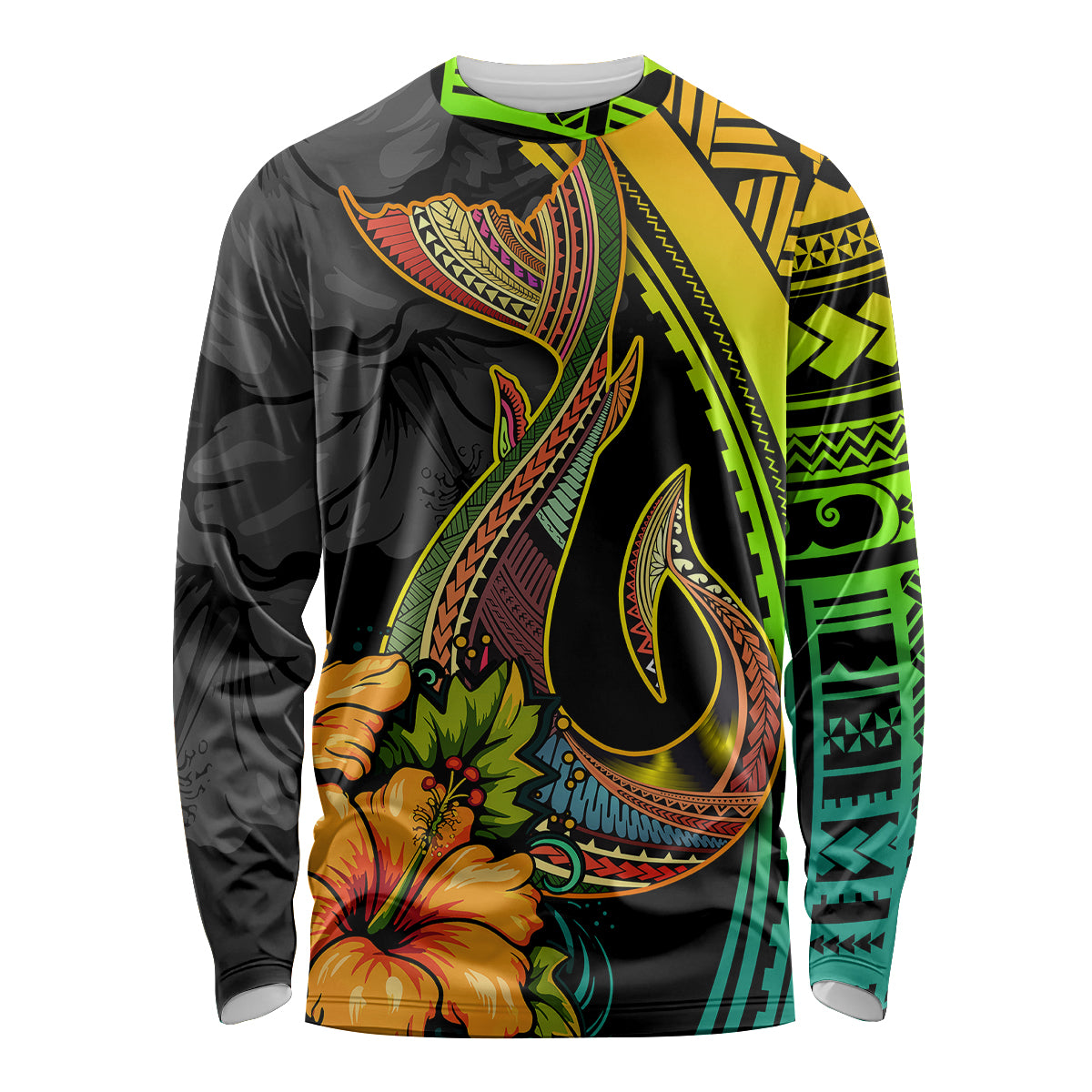 Hawaii Long Sleeve Shirt Polynesian Fish Hook and Hibiscus Flowers with Gradient Pattern TS04 Unisex Multicolor - Polynesian Pride