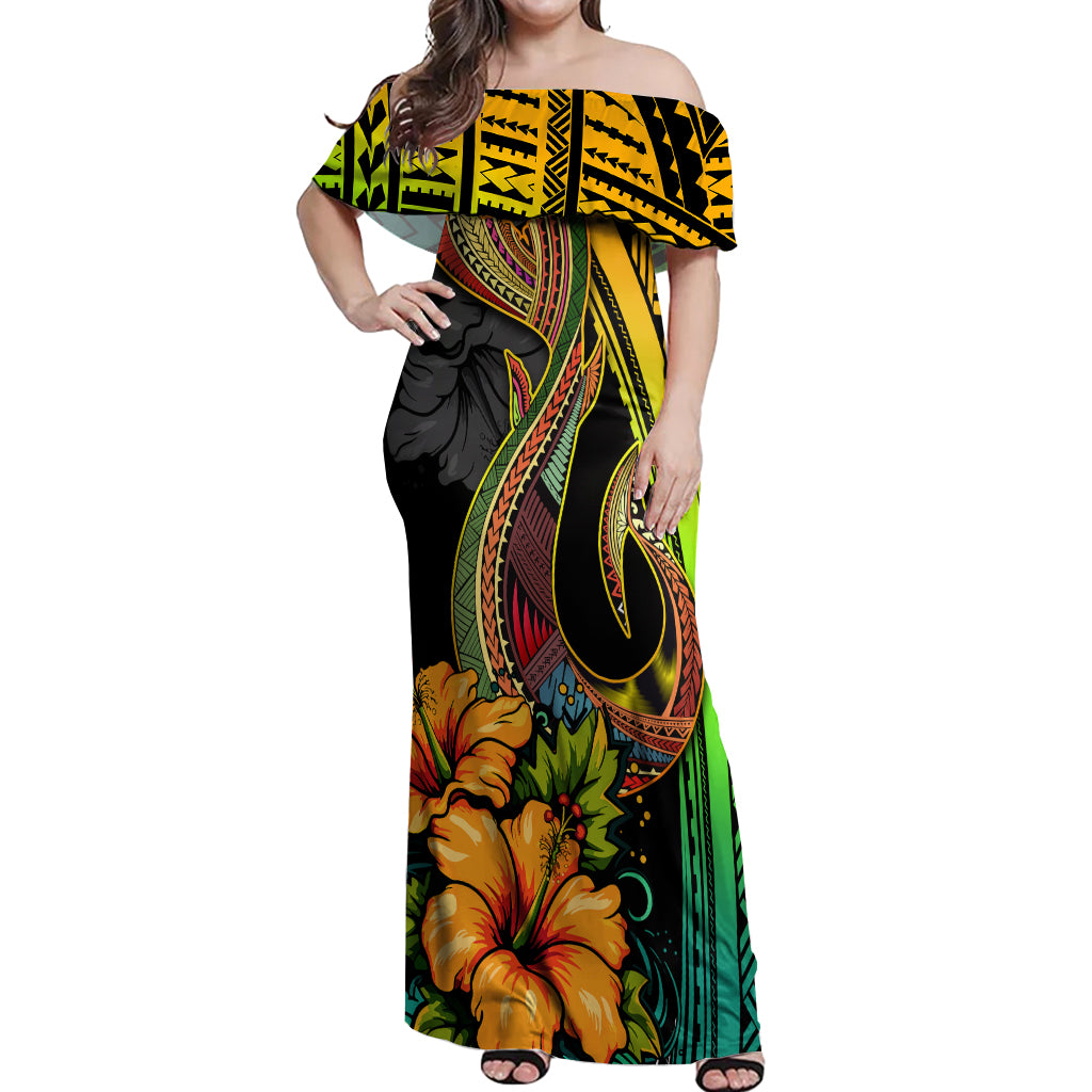 Hawaii Off Shoulder Maxi Dress Polynesian Fish Hook and Hibiscus Flowers with Gradient Pattern TS04 Women Multicolor - Polynesian Pride