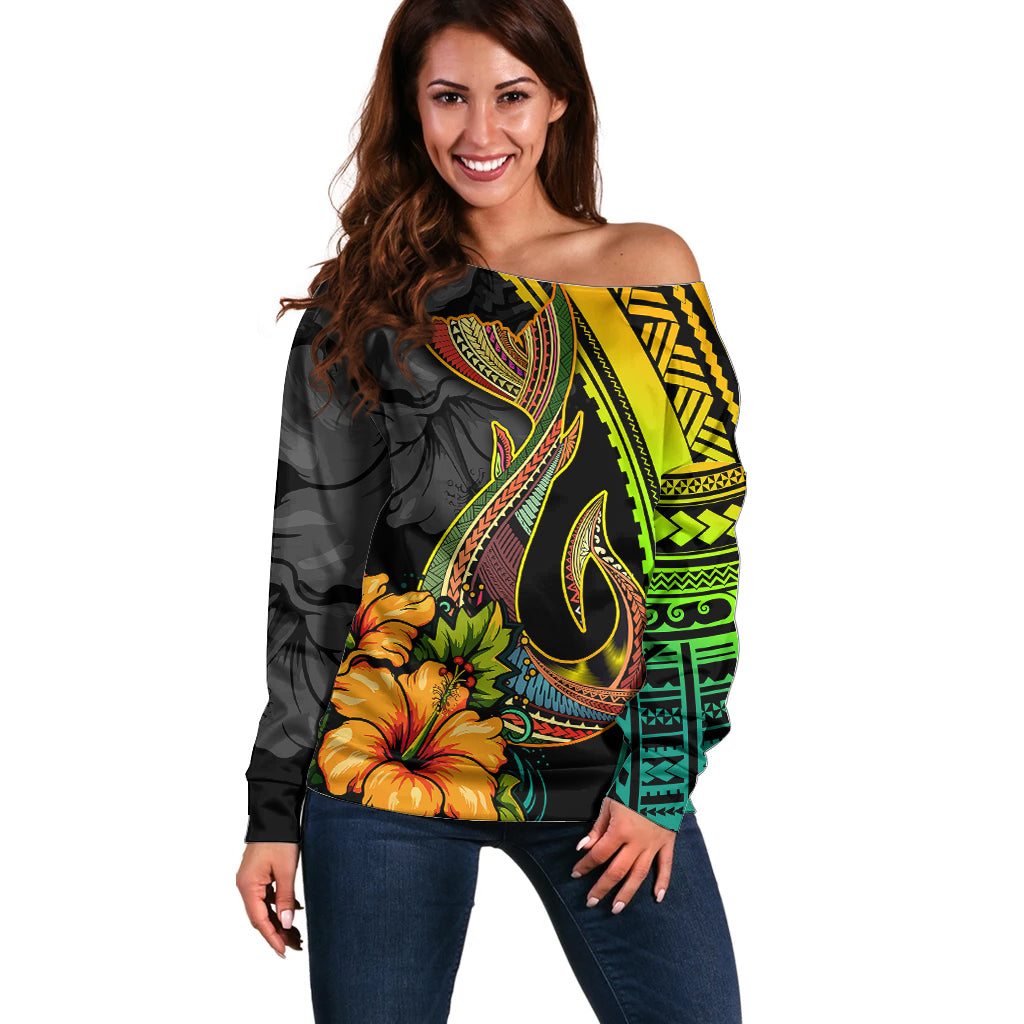 Hawaii Off Shoulder Sweater Polynesian Fish Hook and Hibiscus Flowers with Gradient Pattern TS04 Women Multicolor - Polynesian Pride