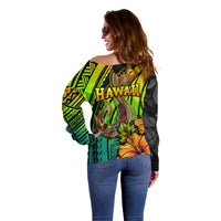 Hawaii Off Shoulder Sweater Polynesian Fish Hook and Hibiscus Flowers with Gradient Pattern TS04 - Polynesian Pride