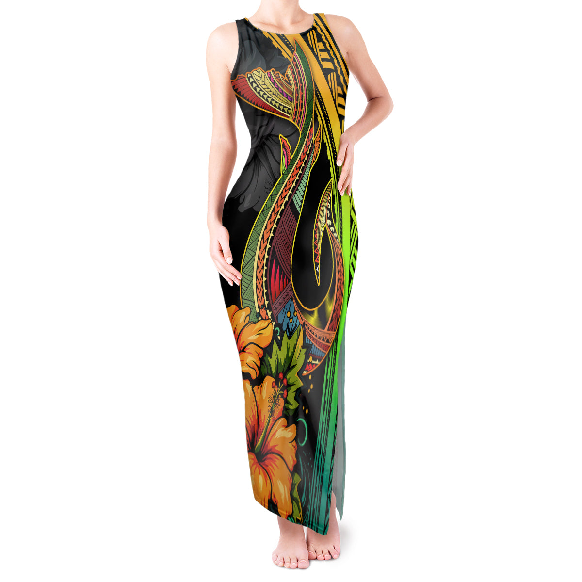 Hawaii Tank Maxi Dress Polynesian Fish Hook and Hibiscus Flowers with Gradient Pattern TS04 Women Multicolor - Polynesian Pride