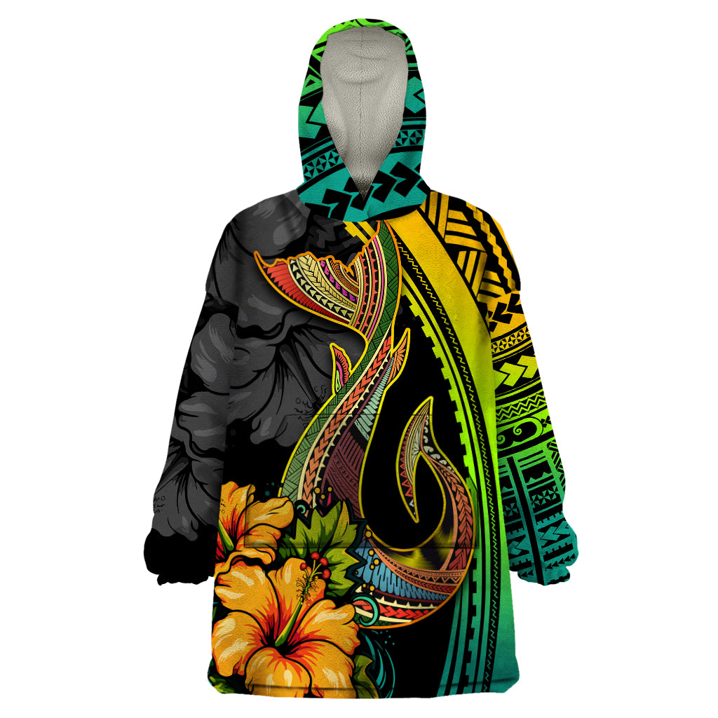 Hawaii Wearable Blanket Hoodie Polynesian Fish Hook and Hibiscus Flowers with Gradient Pattern TS04 One Size Multicolor - Polynesian Pride