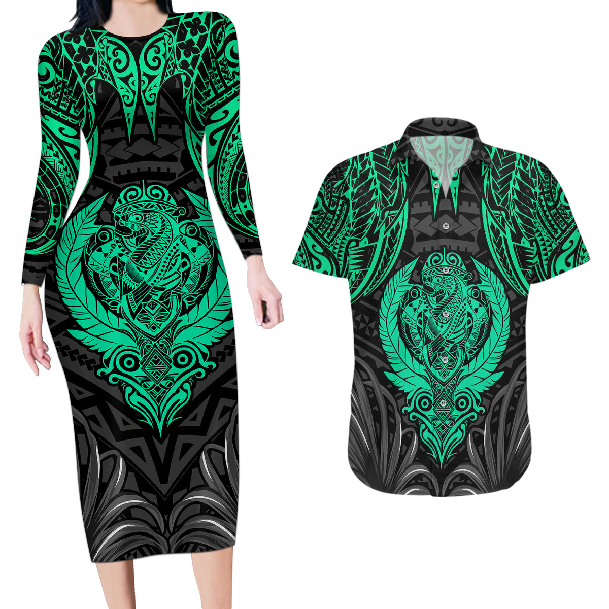 Polynesian Couples Matching Long Sleeve Bodycon Dress and Hawaiian Shirt Abstract Tiki TS04 Black Yellow - Polynesian Pride