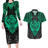 Polynesian Couples Matching Long Sleeve Bodycon Dress and Hawaiian Shirt Abstract Tiki TS04 Black Yellow - Polynesian Pride