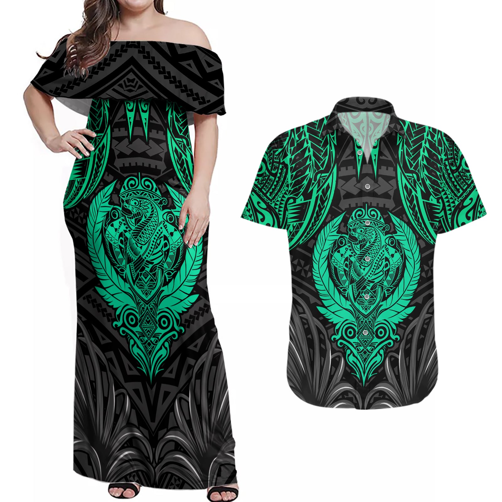 Polynesian Couples Matching Off Shoulder Maxi Dress and Hawaiian Shirt Abstract Tiki TS04 Black/Yellow - Polynesian Pride