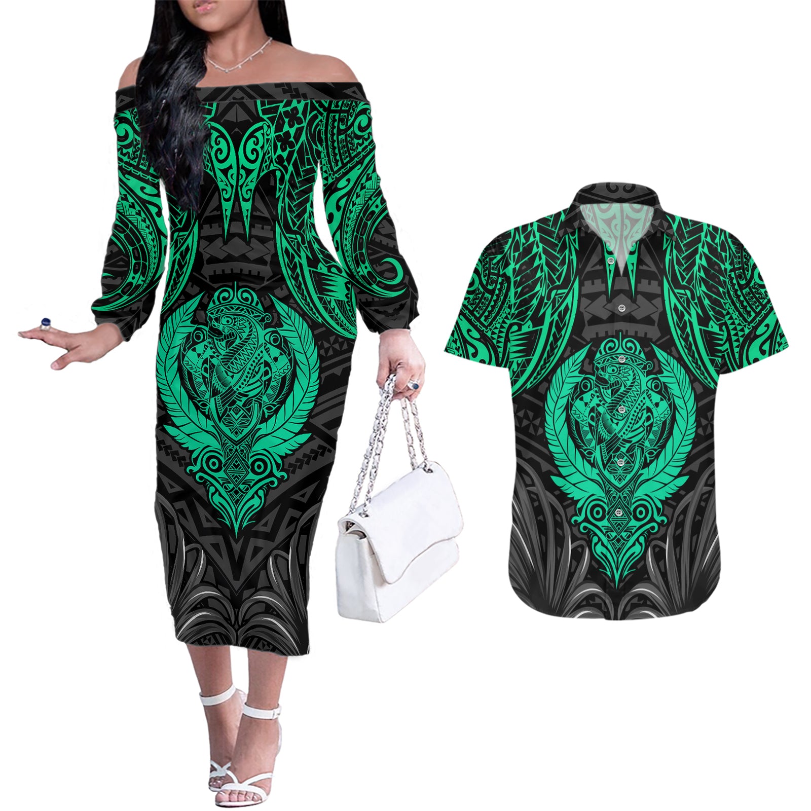 Polynesian Couples Matching Off The Shoulder Long Sleeve Dress and Hawaiian Shirt Abstract Tiki TS04 Black Yellow - Polynesian Pride
