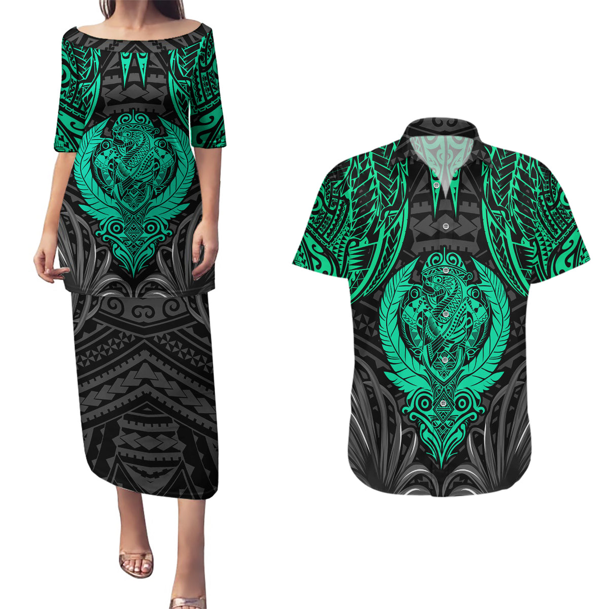 Polynesian Couples Matching Puletasi Dress and Hawaiian Shirt Abstract Tiki TS04 Black Yellow - Polynesian Pride