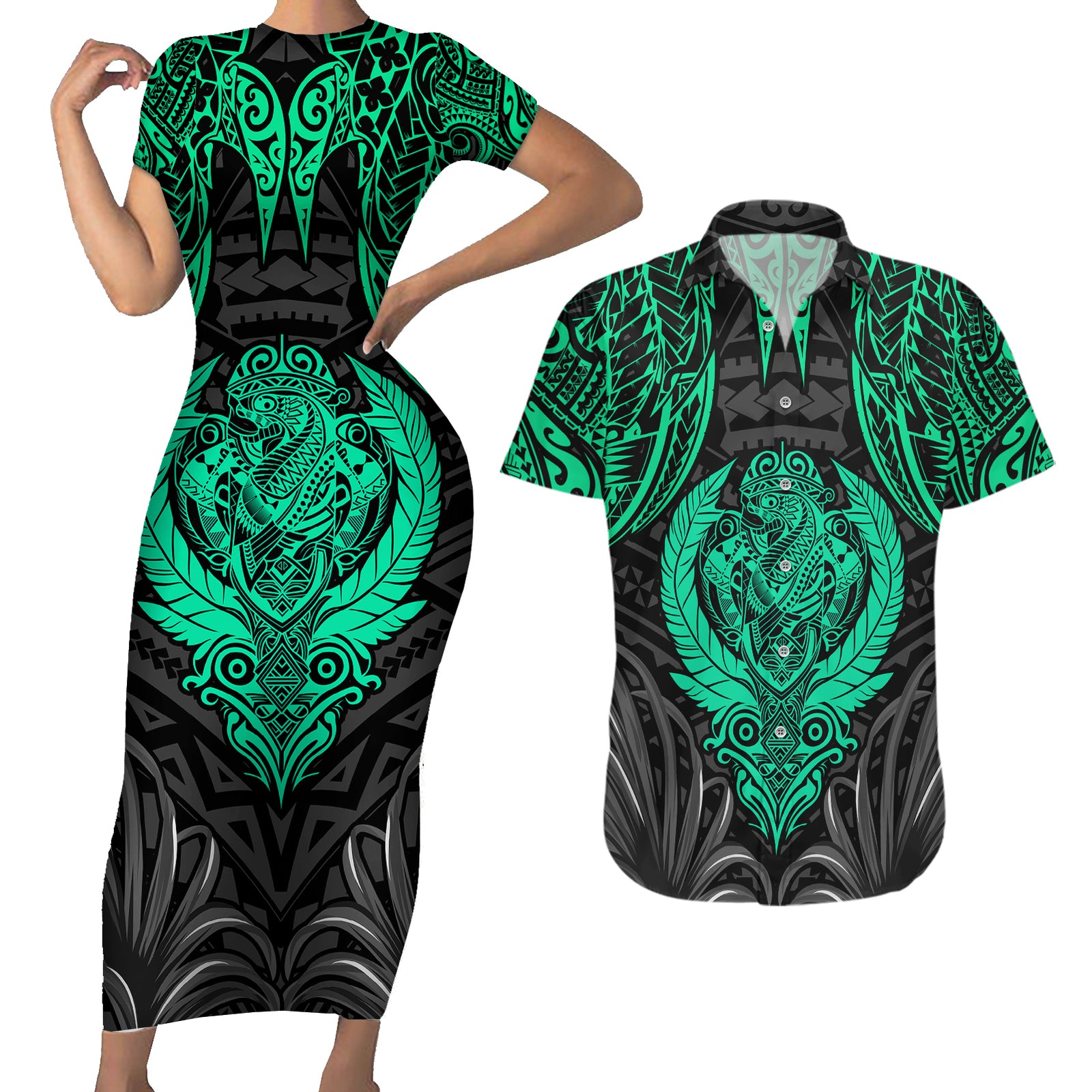 Polynesian Couples Matching Short Sleeve Bodycon Dress and Hawaiian Shirt Abstract Tiki TS04 Black Yellow - Polynesian Pride