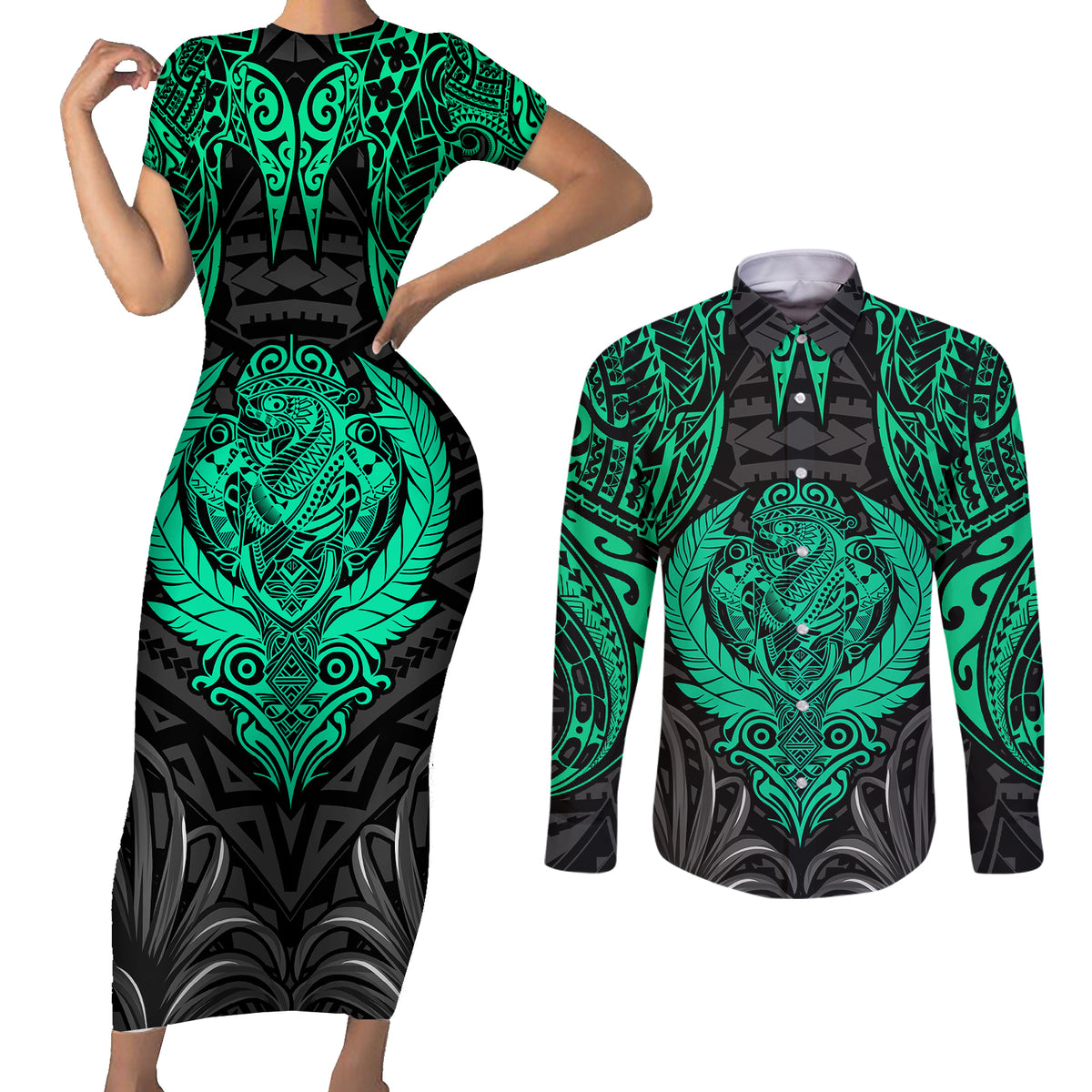 Polynesian Couples Matching Short Sleeve Bodycon Dress and Long Sleeve Button Shirts Abstract Tiki TS04 Black Yellow - Polynesian Pride