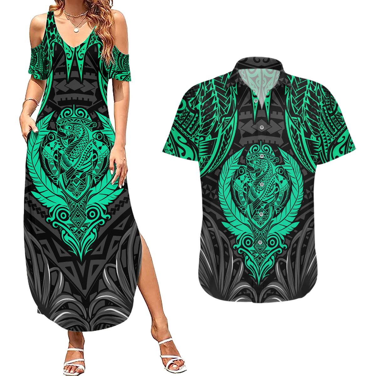 Polynesian Couples Matching Summer Maxi Dress and Hawaiian Shirt Abstract Tiki TS04 Black Yellow - Polynesian Pride