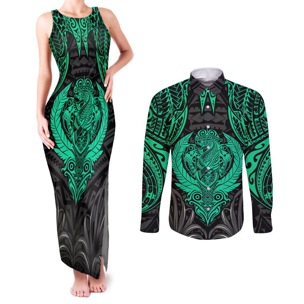 Polynesian Couples Matching Tank Maxi Dress and Long Sleeve Button Shirts Abstract Tiki TS04 Black Yellow - Polynesian Pride