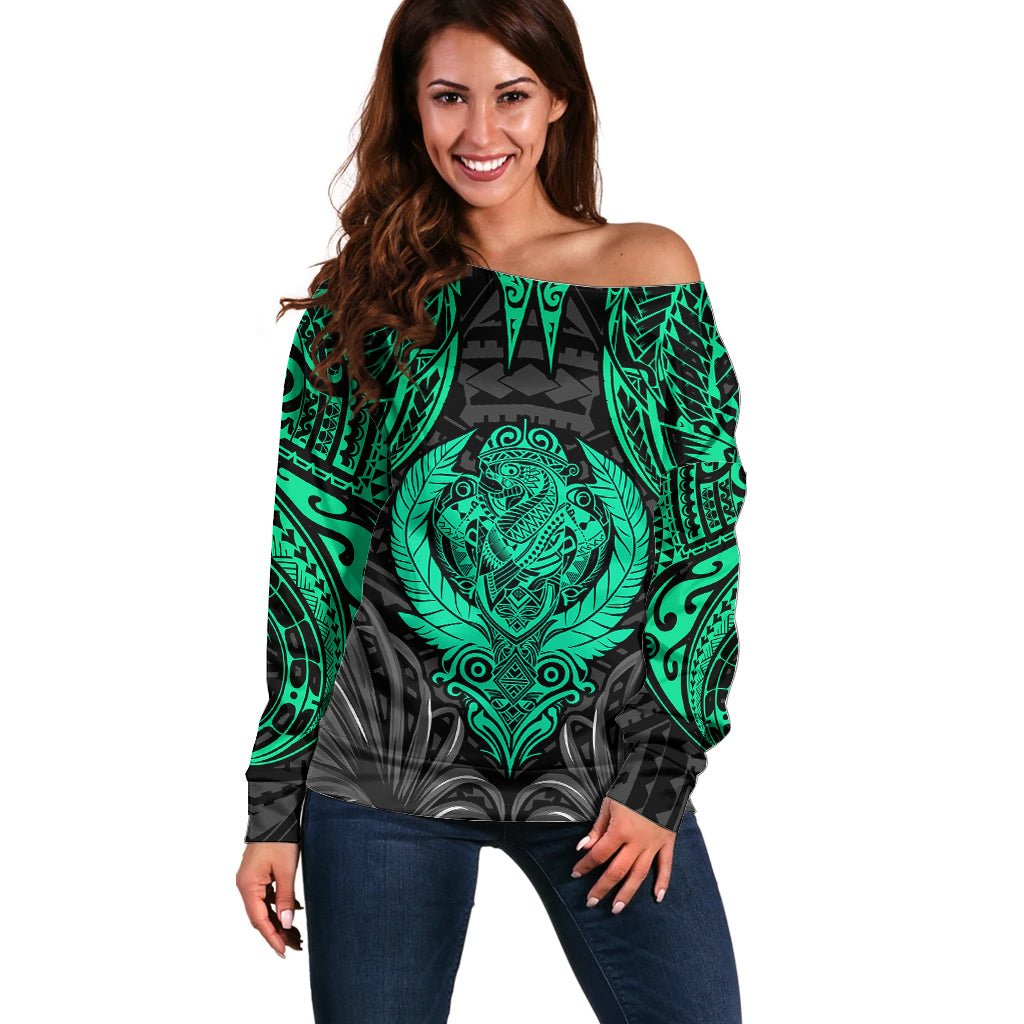 Polynesian Off Shoulder Sweater Abstract Tiki TS04 Women Black/Yellow - Polynesian Pride