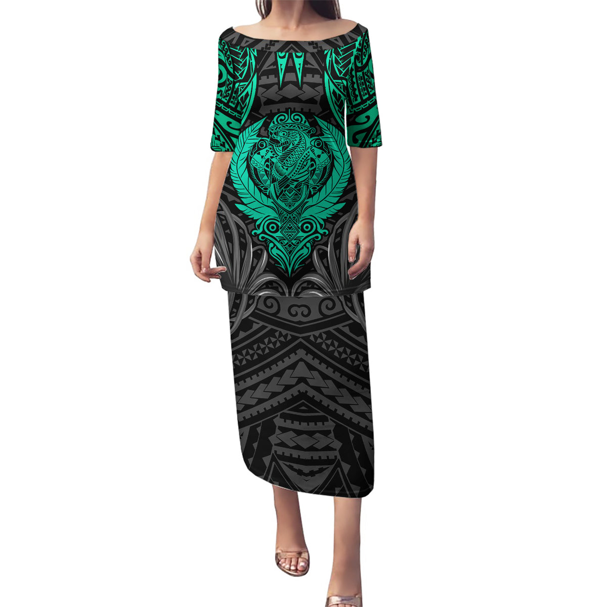 Polynesian Puletasi Abstract Tiki TS04 Long Dress Black Yellow - Polynesian Pride