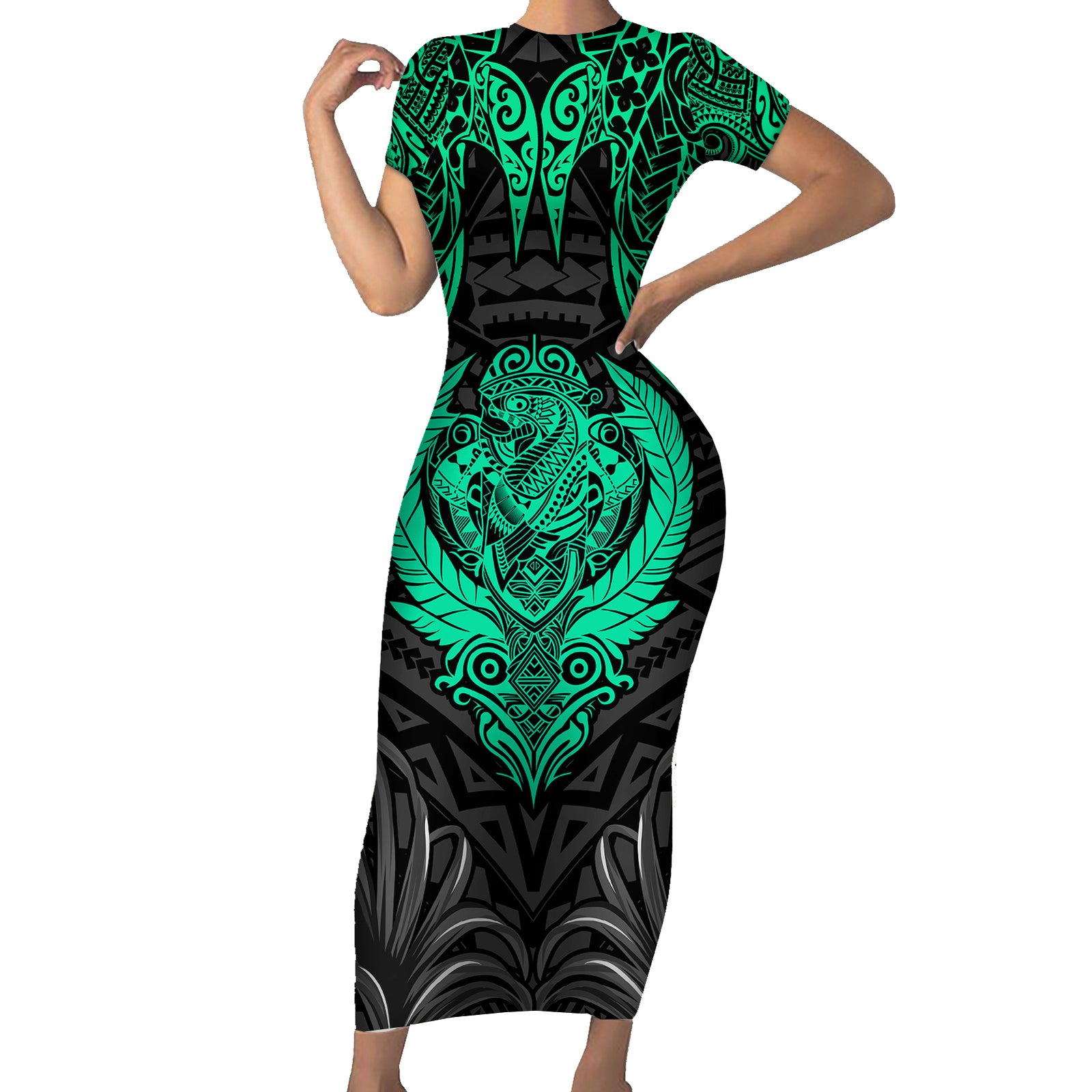 Polynesian Short Sleeve Bodycon Dress Abstract Tiki TS04 Long Dress Black/Yellow - Polynesian Pride