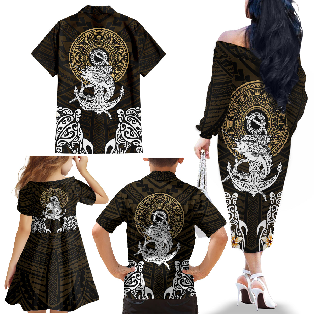 Polynesian Swordfish Family Matching Off Shoulder Long Sleeve Dress and Hawaiian Shirt with Anchor Pattern and Tribal Turtle TS04 - Polynesian Pride