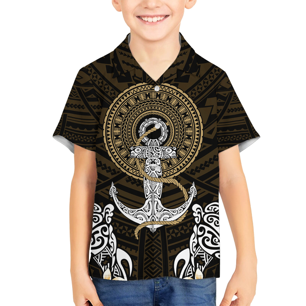 Polynesian Swordfish Family Matching Off Shoulder Long Sleeve Dress and Hawaiian Shirt with Anchor Pattern and Tribal Turtle TS04 Son's Shirt Multicolor - Polynesian Pride