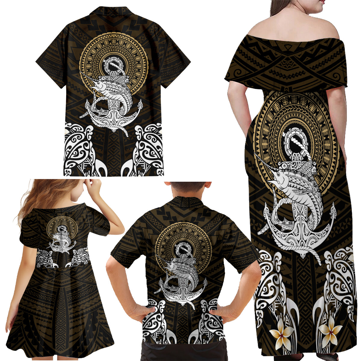 Polynesian Swordfish Family Matching Off Shoulder Maxi Dress and Hawaiian Shirt with Anchor Pattern and Tribal Turtle TS04 - Polynesian Pride