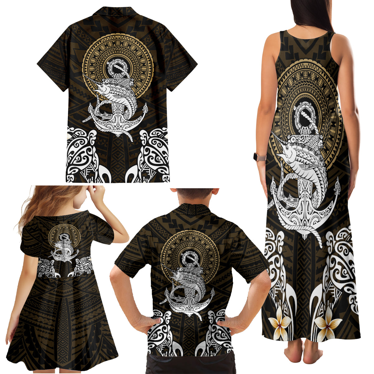 Polynesian Swordfish Family Matching Tank Maxi Dress and Hawaiian Shirt with Anchor Pattern and Tribal Turtle TS04 - Polynesian Pride