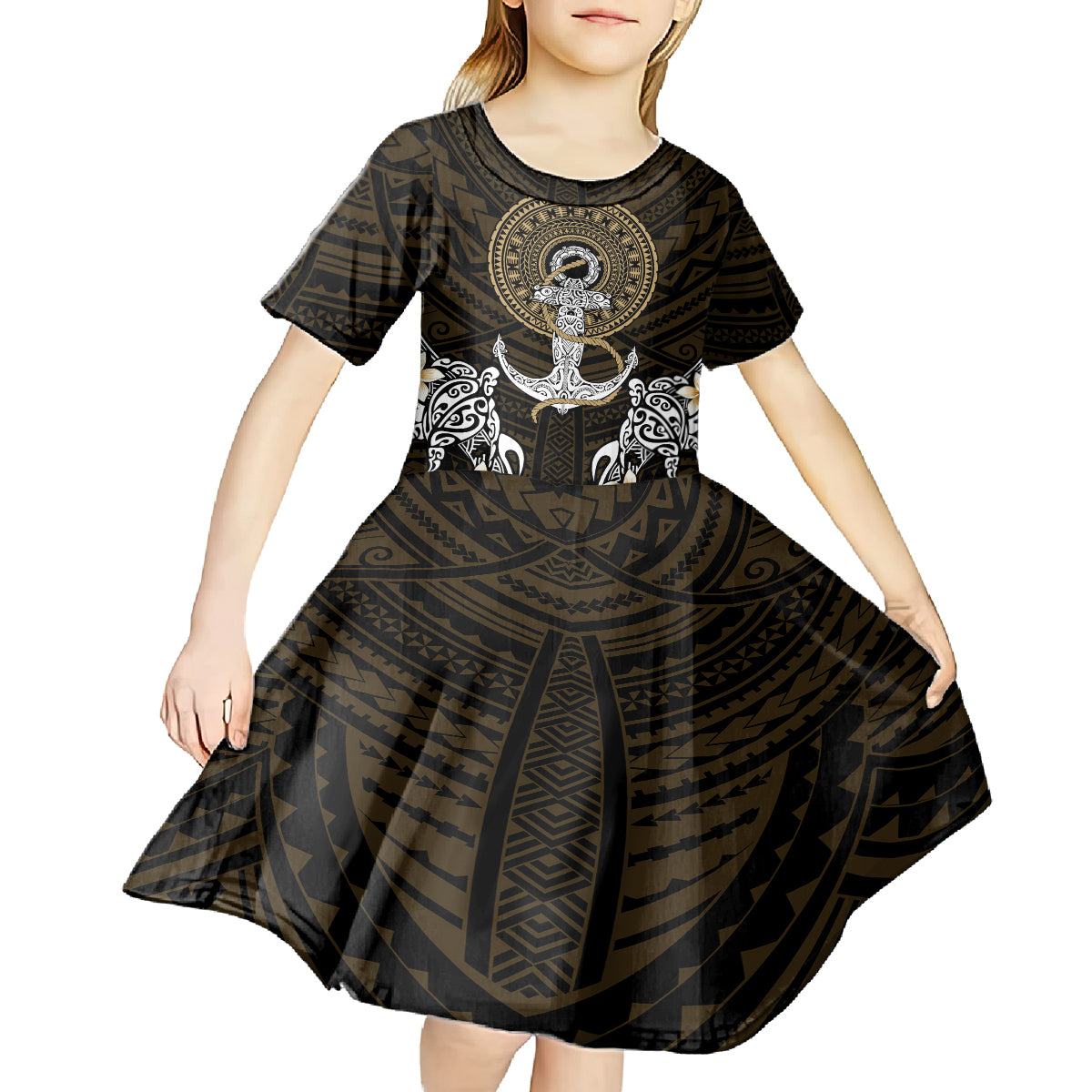 Polynesian Swordfish Kid Short Sleeve Dress with Anchor Pattern and Tribal Turtle TS04 - Polynesian Pride