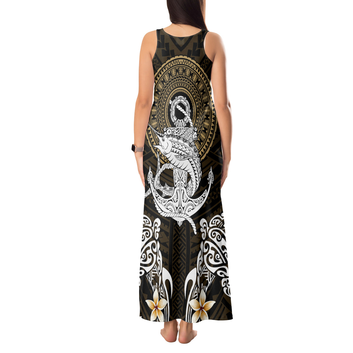 Polynesian Swordfish Tank Maxi Dress with Anchor Pattern and Tribal Turtle TS04 Women Multicolor - Polynesian Pride