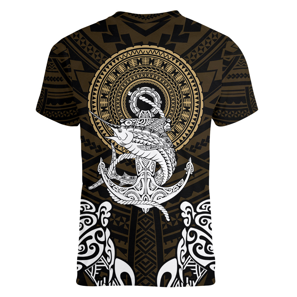 Polynesian Swordfish Women V Neck T Shirt with Anchor Pattern and Tribal Turtle TS04 Female Multicolor - Polynesian Pride