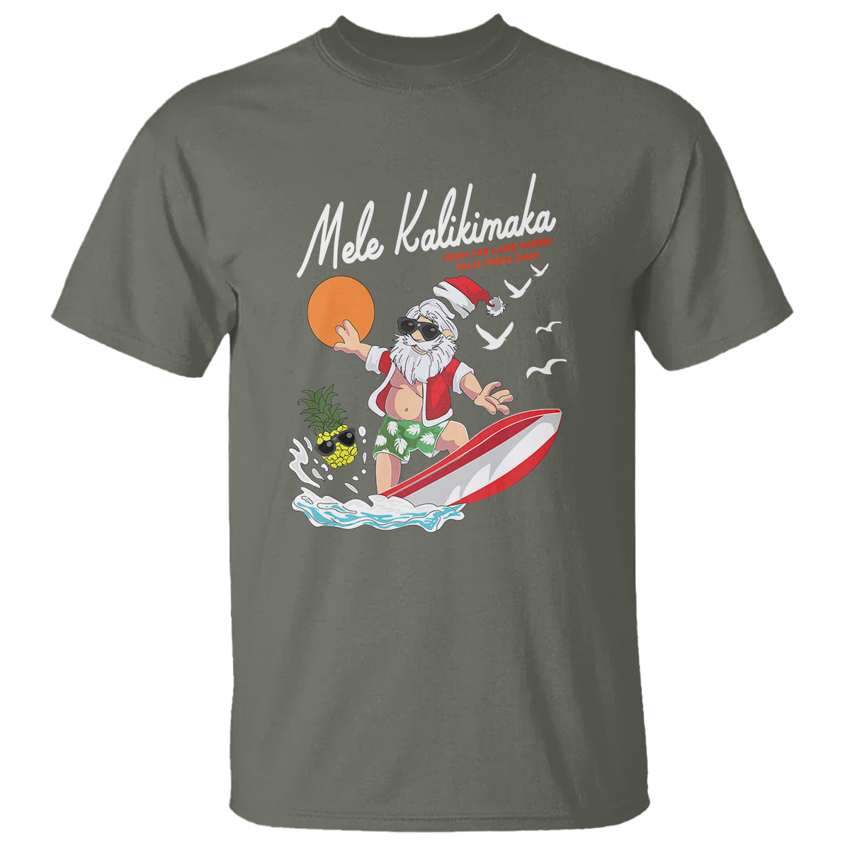 Mele Kalikimaka Surfing Santa Vintage Hawaiian Christmas T Shirt TS09 Military Green - Polynesian Pride