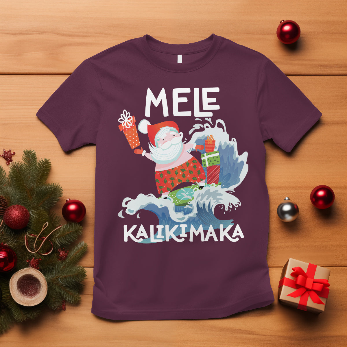 Mele Kalikimaka Surfing Cute Santa Hawaiian Christmas T Shirt TS09 Maroon - Polynesian Pride