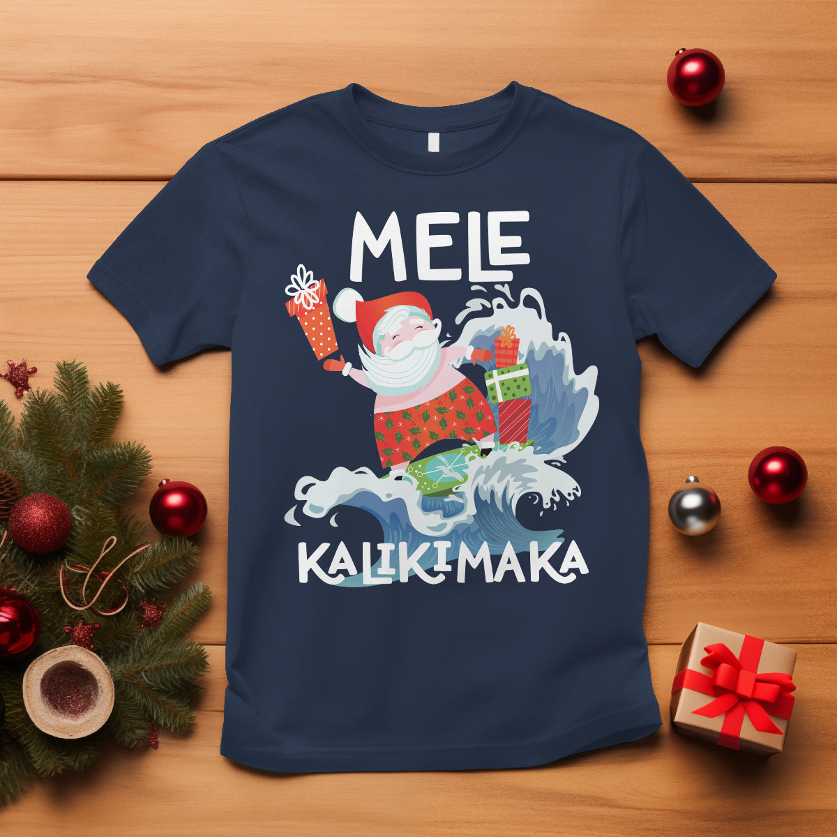 Mele Kalikimaka Surfing Cute Santa Hawaiian Christmas T Shirt TS09 Navy - Polynesian Pride