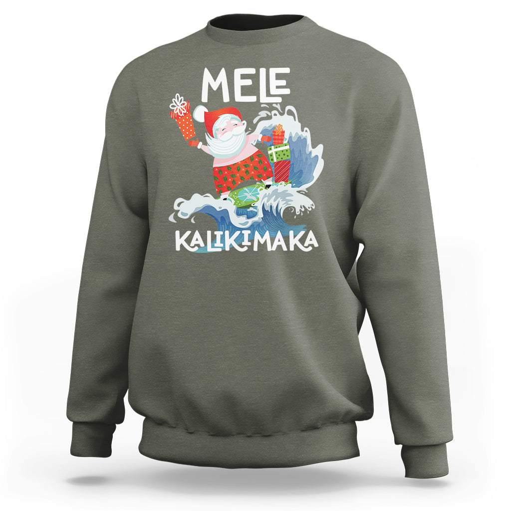 Mele Kalikimaka Surfing Cute Santa Hawaiian Christmas Sweatshirt TS09 Military Green - Polynesian Pride