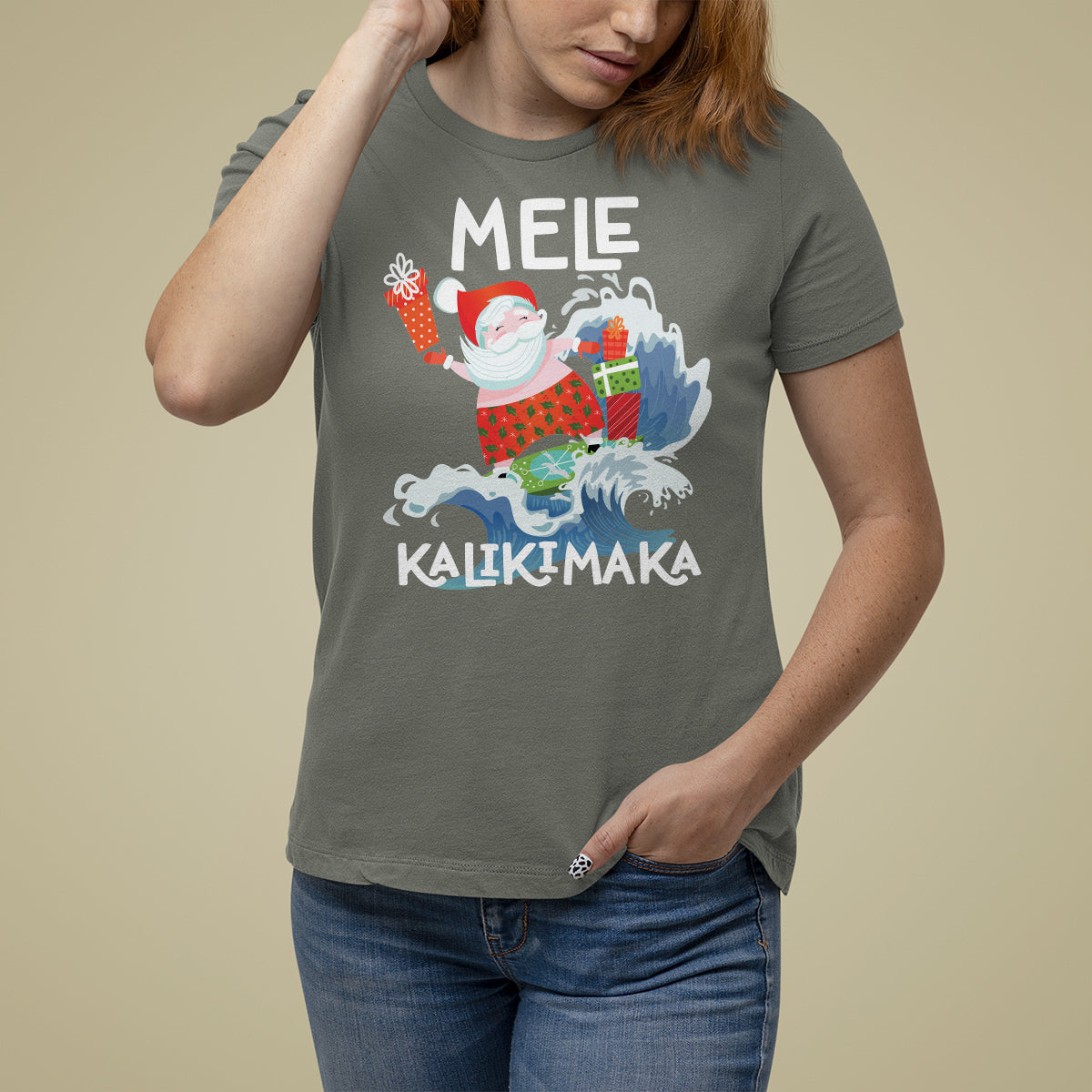 Mele Kalikimaka Surfing Cute Santa Hawaiian Christmas T Shirt For Women TS09 Military Green - Polynesian Pride