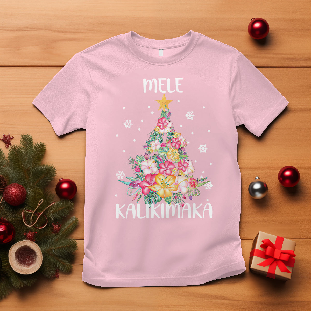 Mele Kalikimaka Hawaiian Christmas Tree Tropical Flower T Shirt TS09 Light Pink - Polynesian Pride